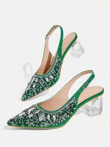CUCCOO TILAWA Women's Crystal And Glass Rhinestone Pointed Green High-Heeled Shoes, Suitable For Going Out, Banquets, Parties And Other Activities - Green - View 6