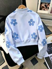Girls' Floral Plant Leaf Print Short Pastoral Baseball Jacket, Thin Autumn Style - Blue - View 4