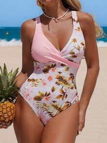 Swim Lushoire 女士连体碎花随机印花交叉V领拼接泳衣 - 彩色 - 查看 3
