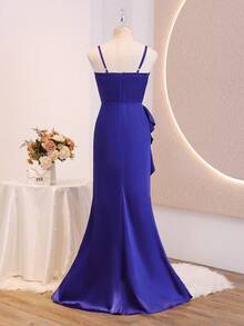 Wedding Party Bridal Shower Girls' Solid Color Spaghetti Strap Square Neck Fitted Slit Patchwork Ruffle Long Dress For Prom Performance Royal Blue - Navy Blue - View 3