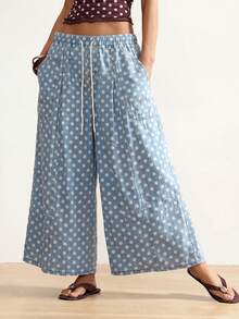 Bohemela Damen Jeans in Großen Größen mit Polka-Dot-Muster, Kordelzug an der Taille, Taschen und weitem Bein - Mittele Waschung - Übersicht 1
