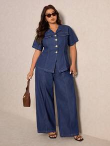 Elaquor Plus Size Women 2pcs Set: Short Sleeve Single-Breasted Denim Shirt And Denim Pants - Medium Wash - View 8