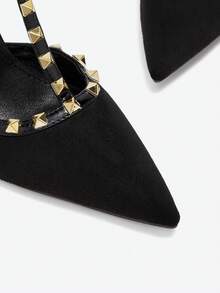 Eladyva Women's Black Studded T-Strap Stilettos - Ankle Buckle Pointed Toe Party Heels,Mothers Day Gift - Black - View 6