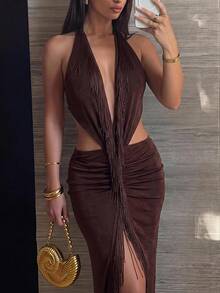 Lumalex Pastal Halter Cutout Maxi Dress Summer Holiday Party Vacation Golf Club Deep Plunge Neck Fringe Trim Slit Backless Bodycon Sexy Dark Brown - Coffee Brown - View 2