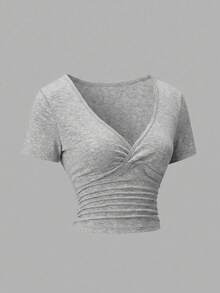 EMERY ROSE Áo thun nữ mùa hè màu trơn cổ chữ V tay ngắn ôm sát dáng casual thoải mái cho kỳ nghỉ - Màu Xám nhạt - Xem 4