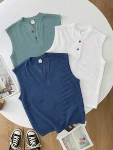 SHEIN 3件組兒童青少年男童半袖裝飾木鈕扣紋理面料藍色、綠色、白色圓領背心T恤，適合夏季休閒出遊、運動、度假、校園場合，百搭百搭 - 彩色 - 查看 3