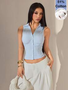 SHEIN PETITE 女款無袖條紋修身襯衫，夏季，小碼女款 - 藍色 - 查看 1