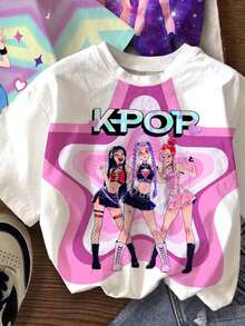 Young Girl Casual Simple Cartoon Pattern Round Neck Short Sleeve Basic T-Shirt Suitable For Spring And Summer 3pcs/Set - Multicolor - View 5