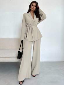 SHEIN PETITE CURVE Plus Size Petite Elegant Casual Teachers' Day/Commuting Women's Collar Tied Loose Shirt High Waisted Soft Pants Autumn Beige Office Formal - Khaki - View 7