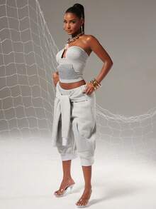 NYA SZN Short Knee Length Tie Detail Jogger Sweatpant Heathered Grey Athletic Athleisure Gym Brunch Going Out Lounge Summer Outfits For Women - Grey - View 3