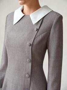 MOTF PREMIUM WOMEN'S EXQUISITE FASHION DESIGN ELEGANT ELEGANT TWEED SINGLE-BREASTED DECORATIVE BUTTON 2 IN 1 LONG SLEEVE SHORT DRESS - Khaki - View 3