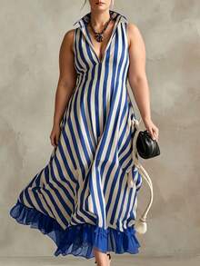 SHEIN LUNE CURVE 大码女士优雅简约通勤休闲度假性感日常约会派对购物荷叶边雪纺拼接蓝白条纹中长连衣裙 - 藍白色 - 查看 3