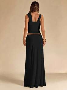 SHEIN BAE Ensemble 2 pièces femme en maille, débardeur bandeau froncé abricot unicolore et jupe longue taille basse froncée à nouer devant, tenue de plage pour vacances d'été, jupe bohème dos nu, tenue de concert, ensemble 2 pièces demoiselle d'honneur de mariage - Noir - Voir 2