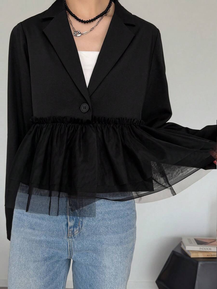 FRIFUL Women's Early Autumn New Korean Style Patchwork Sheer Mesh Pleated Blazer - Black - View 1