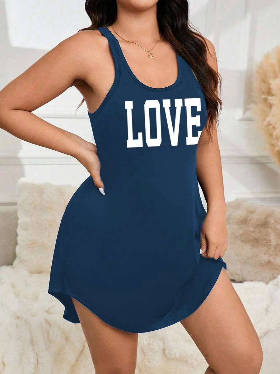 SHEIN Casual Underwear&Sleepwear 大尺碼女款字母印花休閒睡袍 - 藏蓝色 - 查看 1