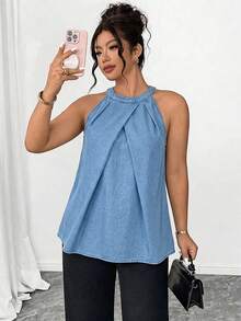GlowEve CURVE Atasan Halter Denim Katun Tencel Lyocell Ukuran Plus Wanita - Krem - View 5