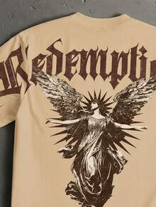 Manfinity Roghcode Men's Letter & Angel Print Crew Neck Short Sleeve Casual T-Shirt - Khaki - View 2