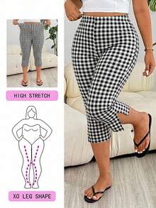 Solflare Black Plaid Plus Size Women's Fitness Clothing, Capri Length Tight Leggings, Spring/Summer Apparel - Multicolor - View 2