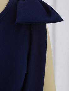 SHEIN Tween Girls Elegant Back To School Navy Blue Asym Neck Removable 3D Bow Slvless Textured Dress With  Polyester Sixth Form,Graduation,Party - Navy Blue - View 7