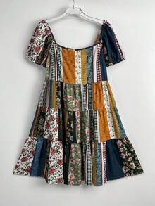 Flirla Plaid Print Puff Sleeve A-Line Dress For Women - Multicolor - View 4