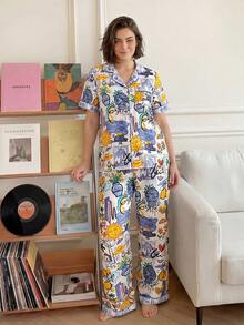 Chillnights Young Colorblock Vacation Lemon Sun Coconut Tree Print Comfortable Loose Fit Lapel Button Front Woven Plus Size Pajama Set - Multicolor - View 5