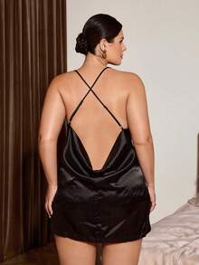 Slumberist Plus Size Mature Sexy Cowl Neck Satin Camisole Nightgown And Knit Jacquard Mesh Robe 2pcs Set - Black - View 6