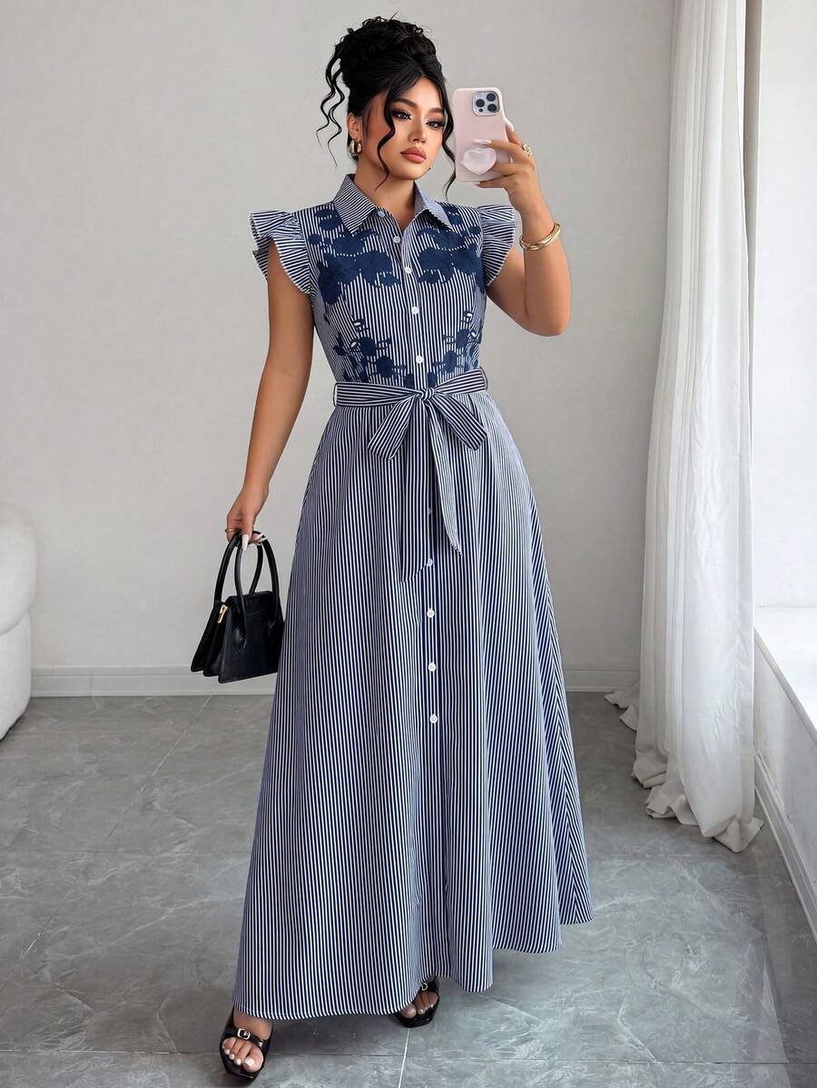 Elenzga Abito-blusa estivo da donna taglie forti, elegante e casual, stile europeo & americano da pendolare, con maniche a volant, vita stretta, gonna a trapezio, fiocco arricciato, vintage e glamour, adatto per festival musicali, pendolarismo, shopping - Blu Navy - Visualizzare 1