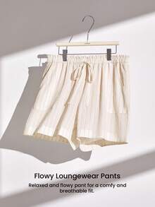LUVLETTE Plus Size Women's Apricot Striped Linen Sleep Pants, Casual Wide Leg Pants With Pockets. - White - View 8