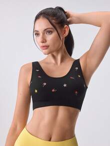 Loungeista 1pc Black Floral Embroidery U-Back Seamless Bra, Removable Pads Wire-Free Bra, Wide Strap Comfortable Daily Bra, Back Hook Breathable Sports Bra, Suitable For Daily Wear, Casual Style, Home Wear, Light Sports, Sleep Wear, All-Day Comfortable Wear - Black - View 7