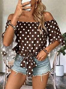 EMERY ROSE Plus Size Women's Summer Off-Shoulder Tie-Front Ruffle Cuff Polka Dot Blouse - Coffee Brown - View 1