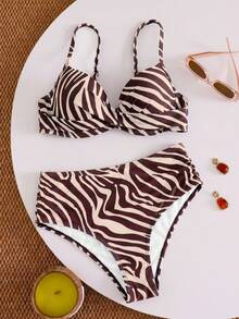 SHEIN Swim 2025 女款夏季海灘豹紋性感比基尼兩件式泳衣套裝 - 棕色 - 查看 2