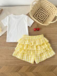 Emery Rose Kids Emery Rose Kids 女童小女孩字母檸檬印花短袖T恤與蛋糕裙褲休閒套裝 - 黃色 - 查看 2