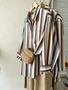 Franclia Women's Standard Size Casual Outing Vacation Striped Long Sleeve Shirt - Khaki - View 1