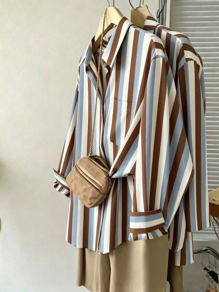 Franclia Women's Standard Size Casual Outing Vacation Striped Long Sleeve Shirt - Khaki - View 1