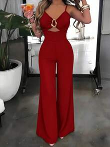 EMERY ROSE 女款性感修身前褶皺金屬扣細肩帶收腰寬腿連身褲 度假旅行穿搭 - 酒紅色 - 查看 3
