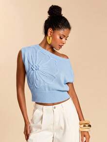 Travachic Women Floral Pattern Asymmetrical Shoulder Solid Color Knit Top - Baby Blue - View 5