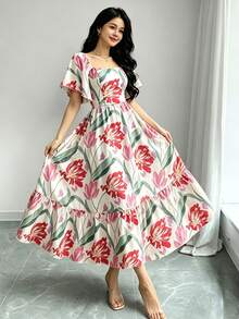 Modelyn 花卉蝴蝶印花时尚方领短袖连衣裙，收腰中长款，浅杏色花卉图案连衣裙，夏季必备 - 彩色 - 查看 3