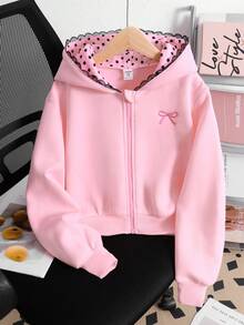 SHEIN Tween女孩蝴蝶結刺繡對比蕾絲連帽拉鍊秋季運動衫 - 粉色 - 查看 9