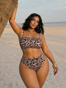 Slaydiva 2026 New Spring/Summer Plus Size 2-Piece Leopard Print Random Pattern Bikini Set With Front Ruched Design And Detachable Shoulder Straps For Women, Suitable For Beach Vacation Wear - Multicolor - View 6