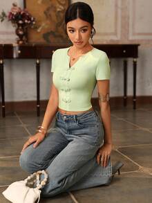 EastFlair Nueva blusa de manga corta de punto estilo retro chino con botones de rana - Verde - Ver 2