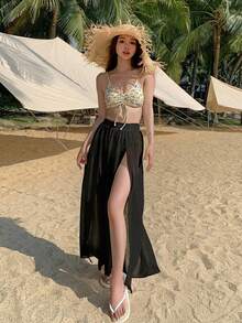 DAZY Women's Elastic Waist Split Design Casual Vacation Cover-Up Long Pants Summer - Black - View 4