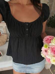 SHEIN EZwear 夏季休閒百搭素色襯衫 - 黑色 - 查看 5