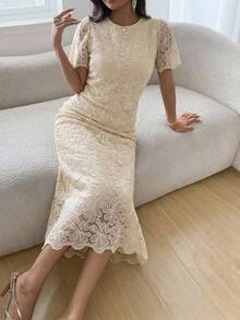Wynsel Elegant Lace Round Neck Straight Midi Dress For Wedding Guest, Summer Elegant Sundress - Beige - View 8