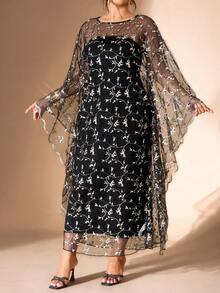 Cravure Elegante vestido de malla con bordado floral, conjunto de dos piezas de talla grande - Negro - Ver 3