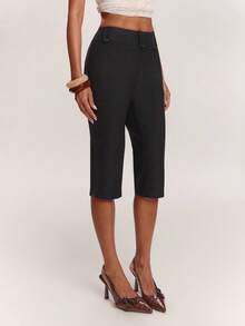 SHEIN BAE Spring/Summer Women's Casual Commute Black Slim Fit Stretch Capri Pants, Suitable For Beach Going Out Vacation, Fashionable Streetwear - Black - View 5