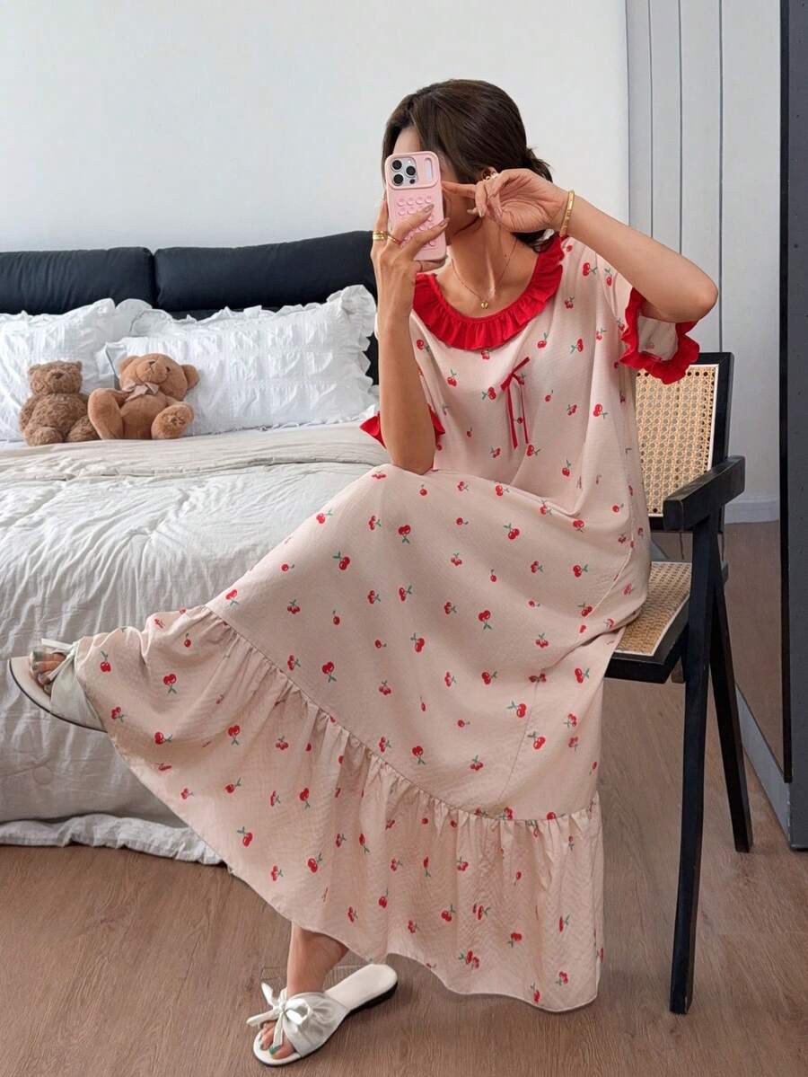 Napfluff Women's Cherry Print Color Block Ruffle Trim Short Sleeve Nightgown, Cute Style With Bow Decor - Apricot - View 1
