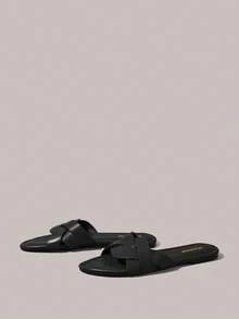 Styleloop 女款經典簡約時尚平底涼鞋，編織設計，棕色，適合春季/夏季，海灘、度假、旅行度假穿搭旅行必備夏季鞋款 - 黑色PU - 查看 5