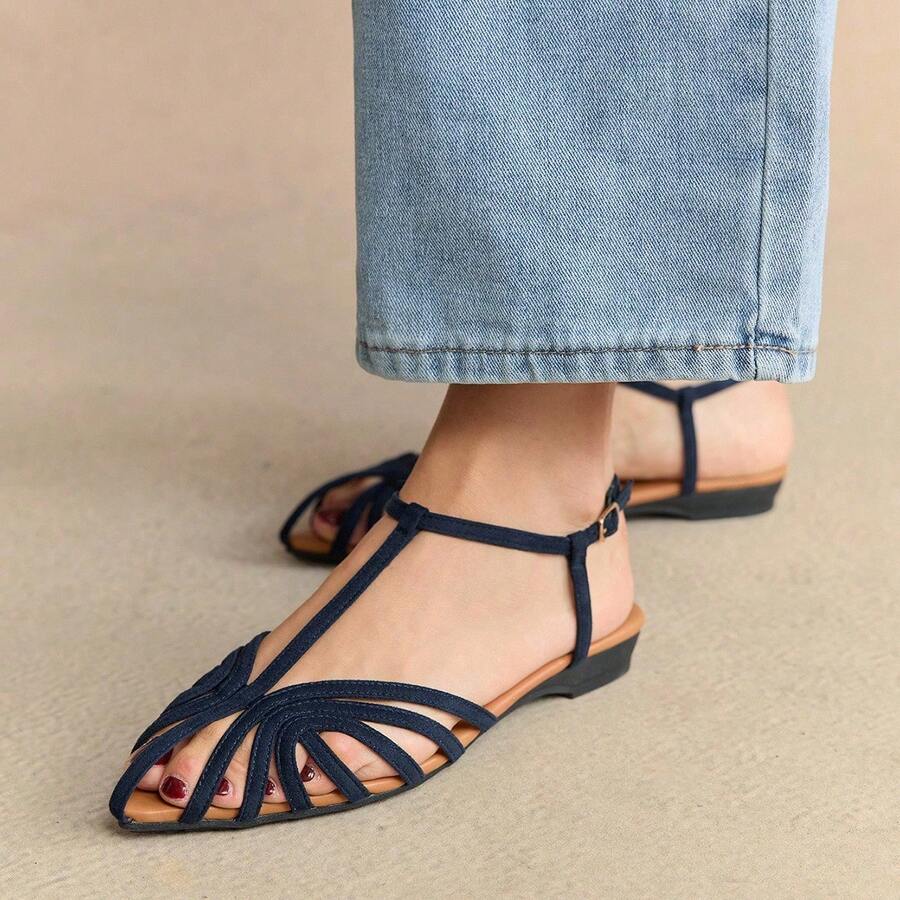 Rosivie Sandalias planas con punta azul marino para mujer, diseño hueco con banda en T con efecto escarcha, tacón bajo cómodo, estilo retro para verano, playa y uso diario - Agua verde azul - Ver 1