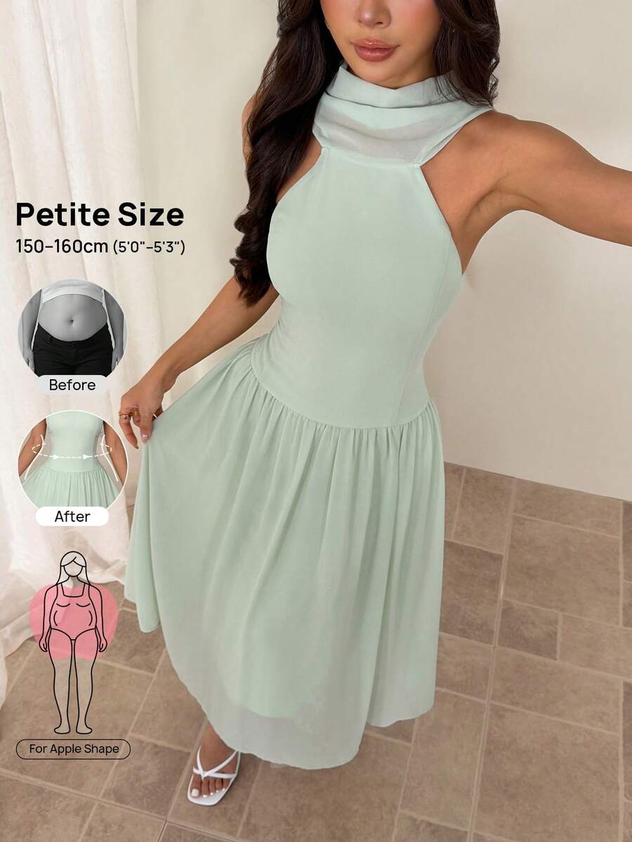 SHEIN PETITE 女款時尚百搭露肩度假洋裝,適合旅行、活動、正式派對,薄荷綠夏季優雅,適合嬌小女性 - 淡綠 - 查看 1