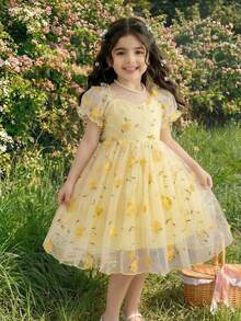 SHEIN Glamorique Kids 少女優雅迷人粉色可愛泡泡袖收腰奢華雙層刺繡網紗蓬蓬洋裝正式禮服 - 黃色 - 查看 1